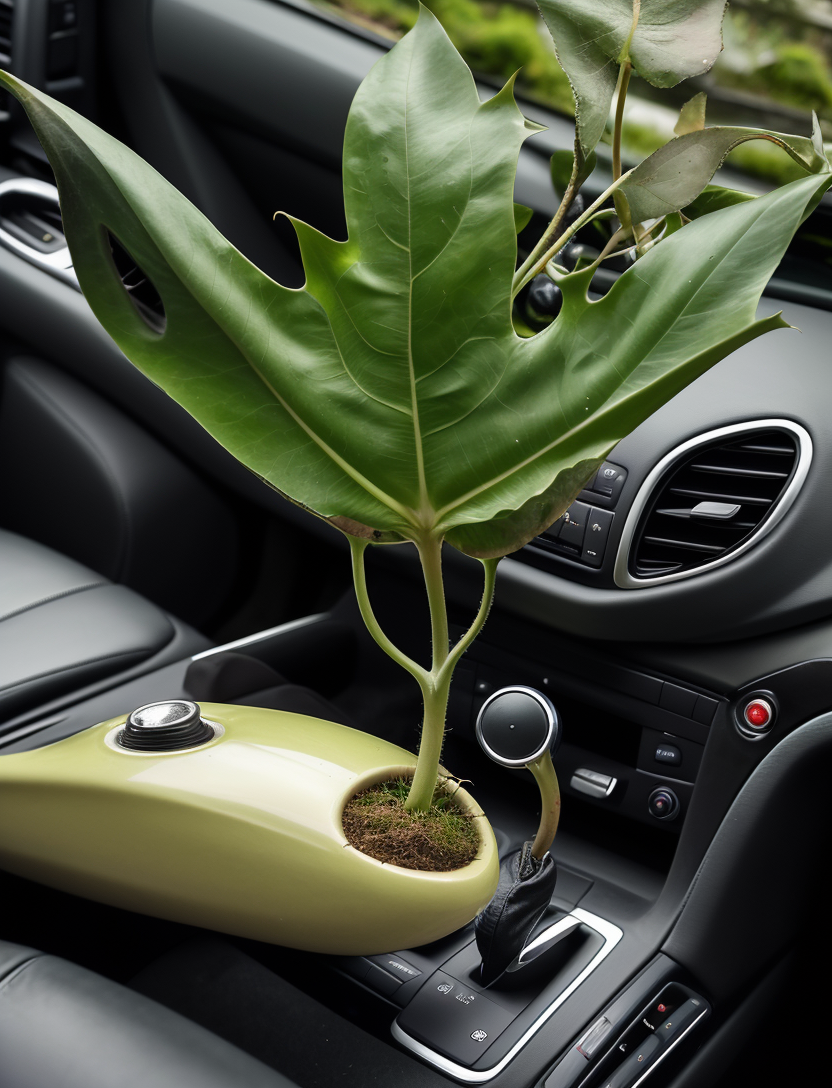 realistic photo of a bellsprout driving a car